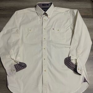 Tommy Hilfiger White Shirt with Plaid Accents 96 % Cotton 4 % Spandex
